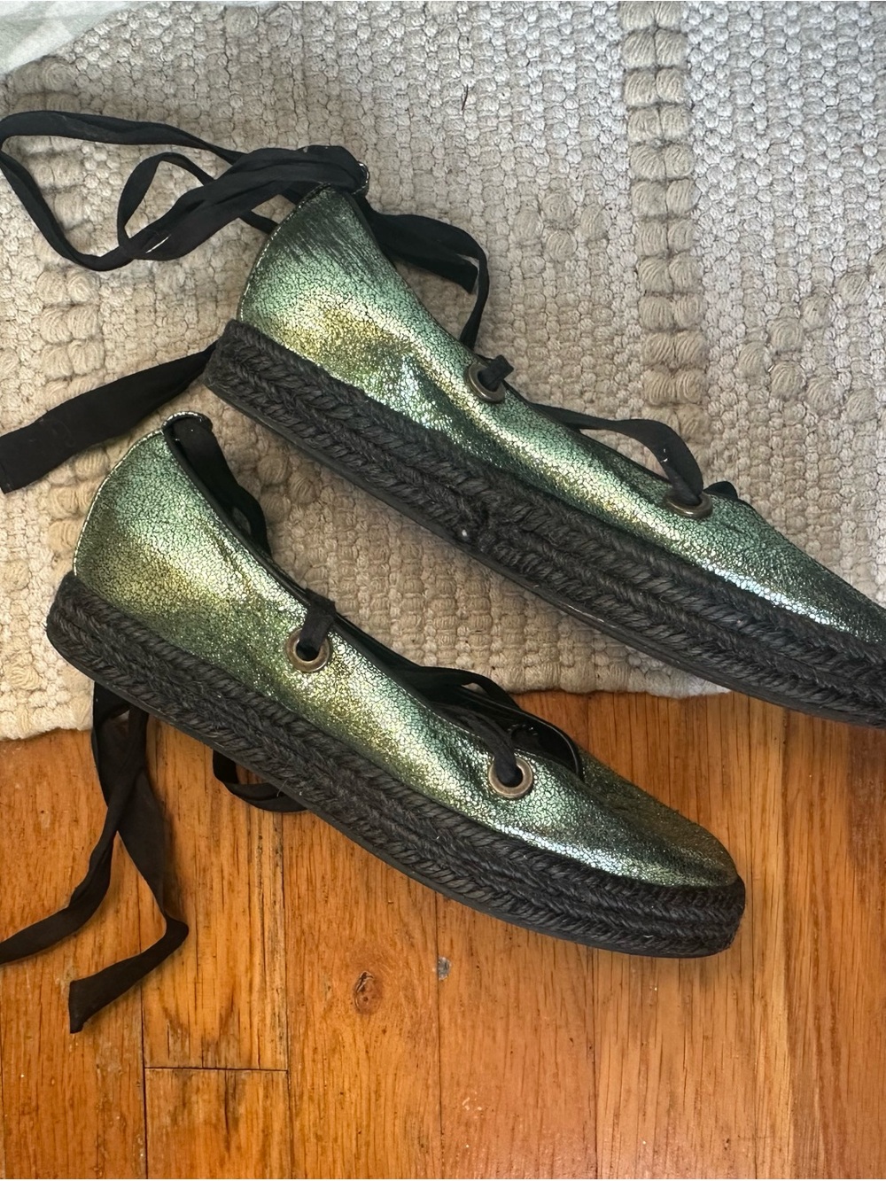 Rochas Metallic Green Glitter Lace-Up Ballet Flats - Picture 4 of 5